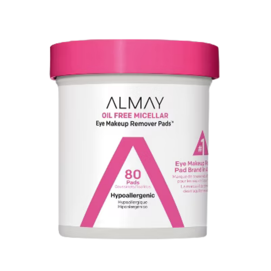 Almay biodegradable oil-free micellar eye makeup remover pads in a resealable package, designed for gentle eye makeup removal.