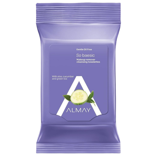 Almay biodegradable makeup remover cleansing towelettes in a 25-count pack, designed for gentle facial cleansing.
