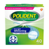 Polident overnight whitening denture cleanser tablets in a 40-count container for oral care and denture cleaning.