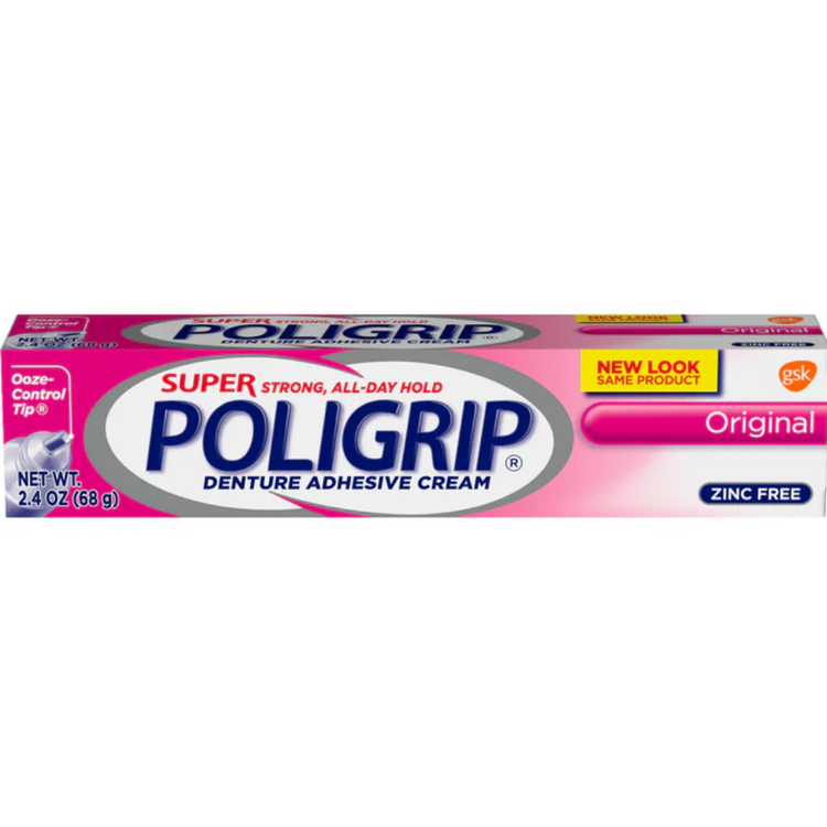 Poligrip Super Strong All-Day Hold denture adhesive cream in 2.4oz zinc-free container, used for secure denture fitting.