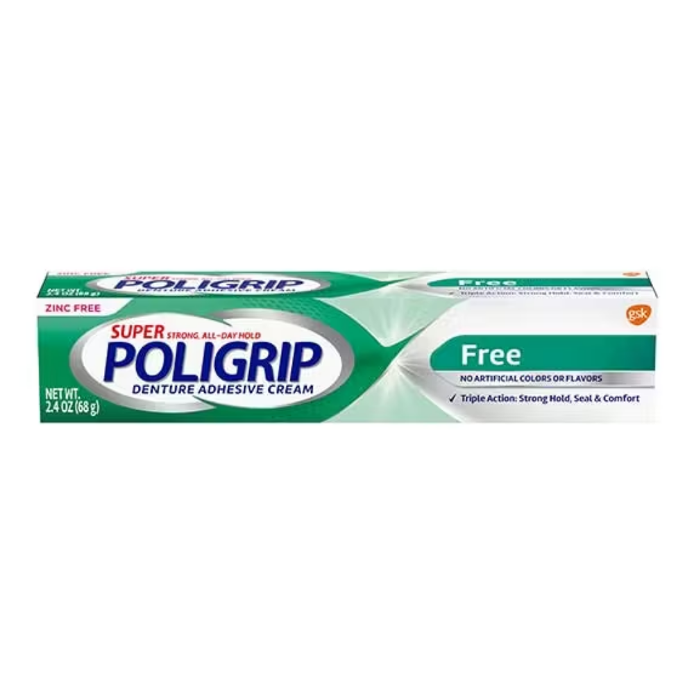 Zinc-free Poligrip denture adhesive cream in 2.4oz tube, used for secure denture fit and oral care.