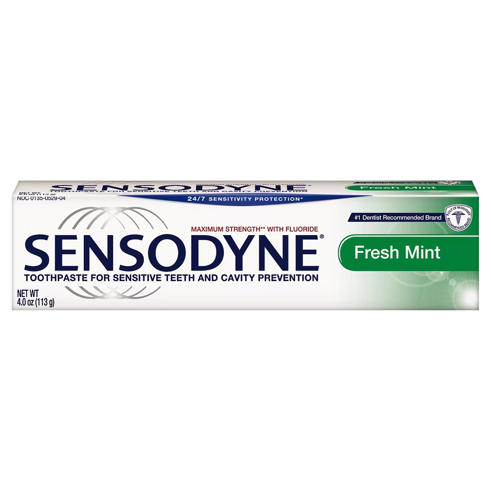 Sensodyne Maximum Strength Fresh Mint toothpaste in 4 oz tube, designed for sensitive teeth and oral care.