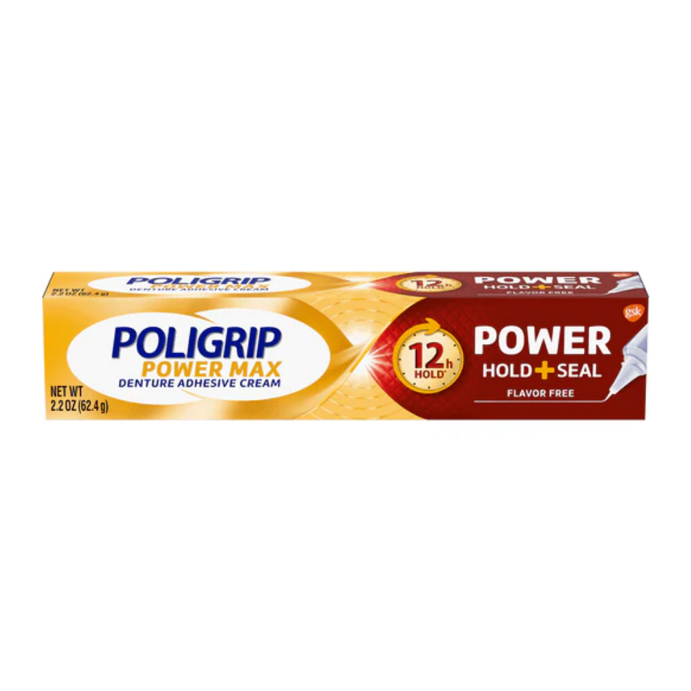 Poligrip Power Max denture adhesive cream in 2.2oz holder, used for oral care and secure denture fitting.