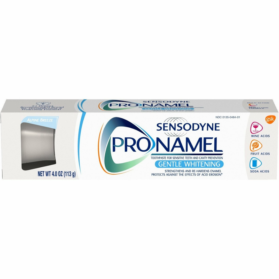Sensodyne Pronamel toothpaste in a 4oz tube, designed for sensitive teeth, with a white and blue packaging.