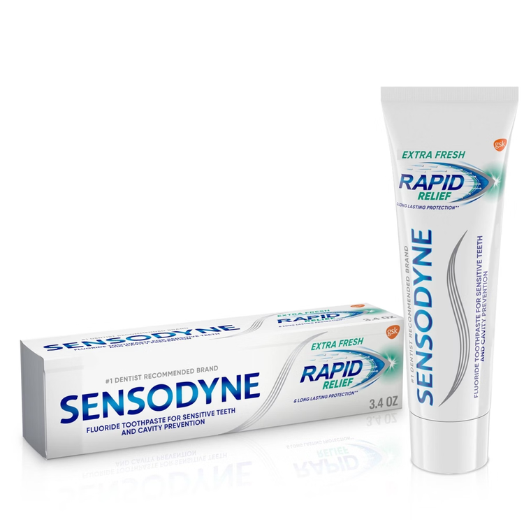 Sensodyne Rapid Relief Extra Fresh toothpaste in 3.4oz tube, designed for sensitive teeth and quick pain relief.