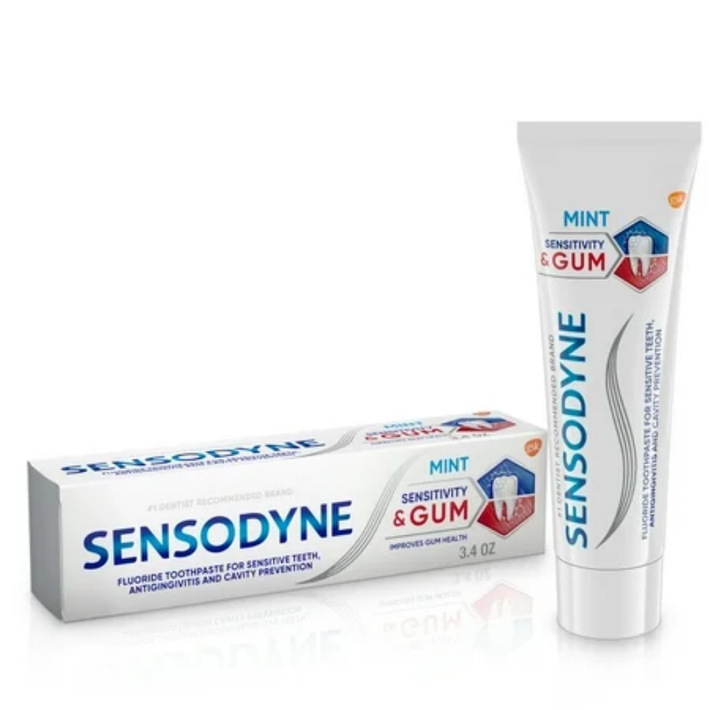 Sensodyne Sensitivity & Gum Mint Toothpaste in 3.4 oz tube, designed for oral care and gum sensitivity.