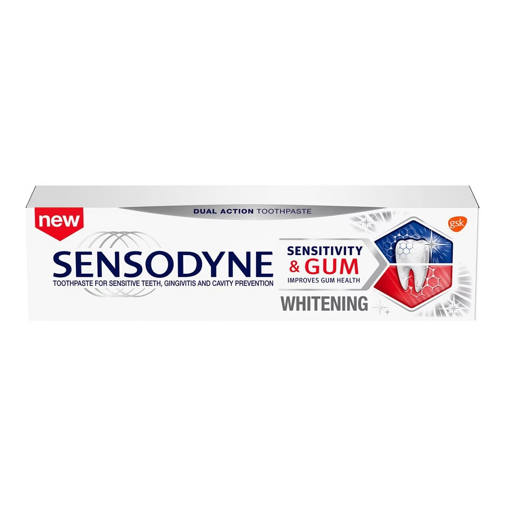 Sensodyne Sensitivity and Gum Whitening Toothpaste in 3.4oz tube, designed for oral care and gum whitening.