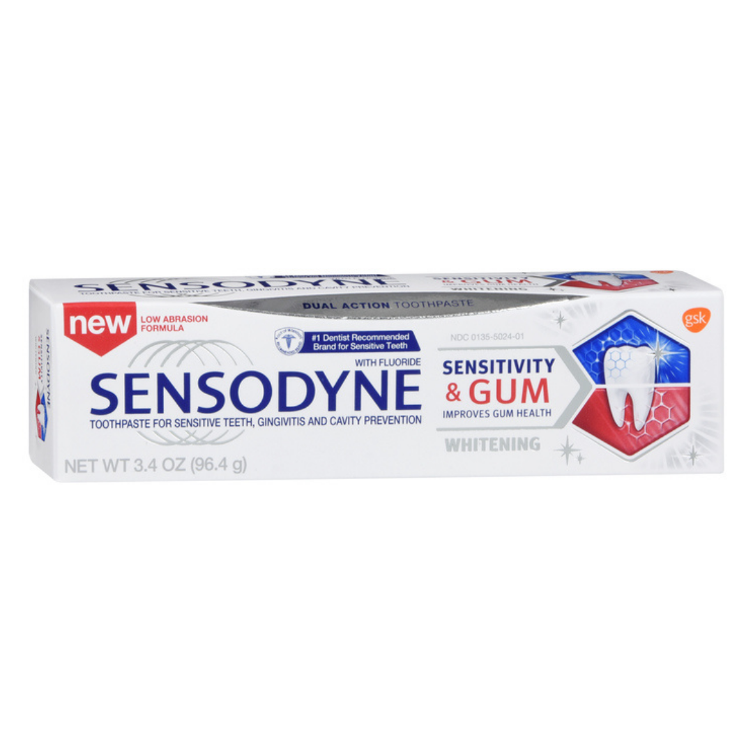Sensodyne Sensitivity & Gum Whitening Toothpaste in 3.4 oz tube, designed to whiten teeth and soothe sensitive gums.