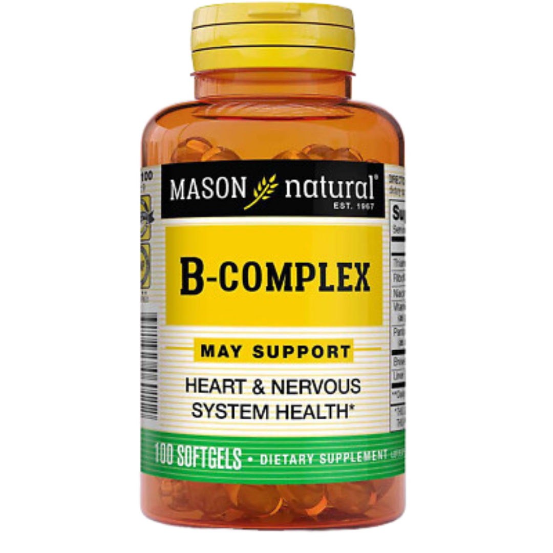 Mason Natural B-Complex supplement softgels in a bottle, 100 count, natural vitamin B complex dietary softgel capsules.