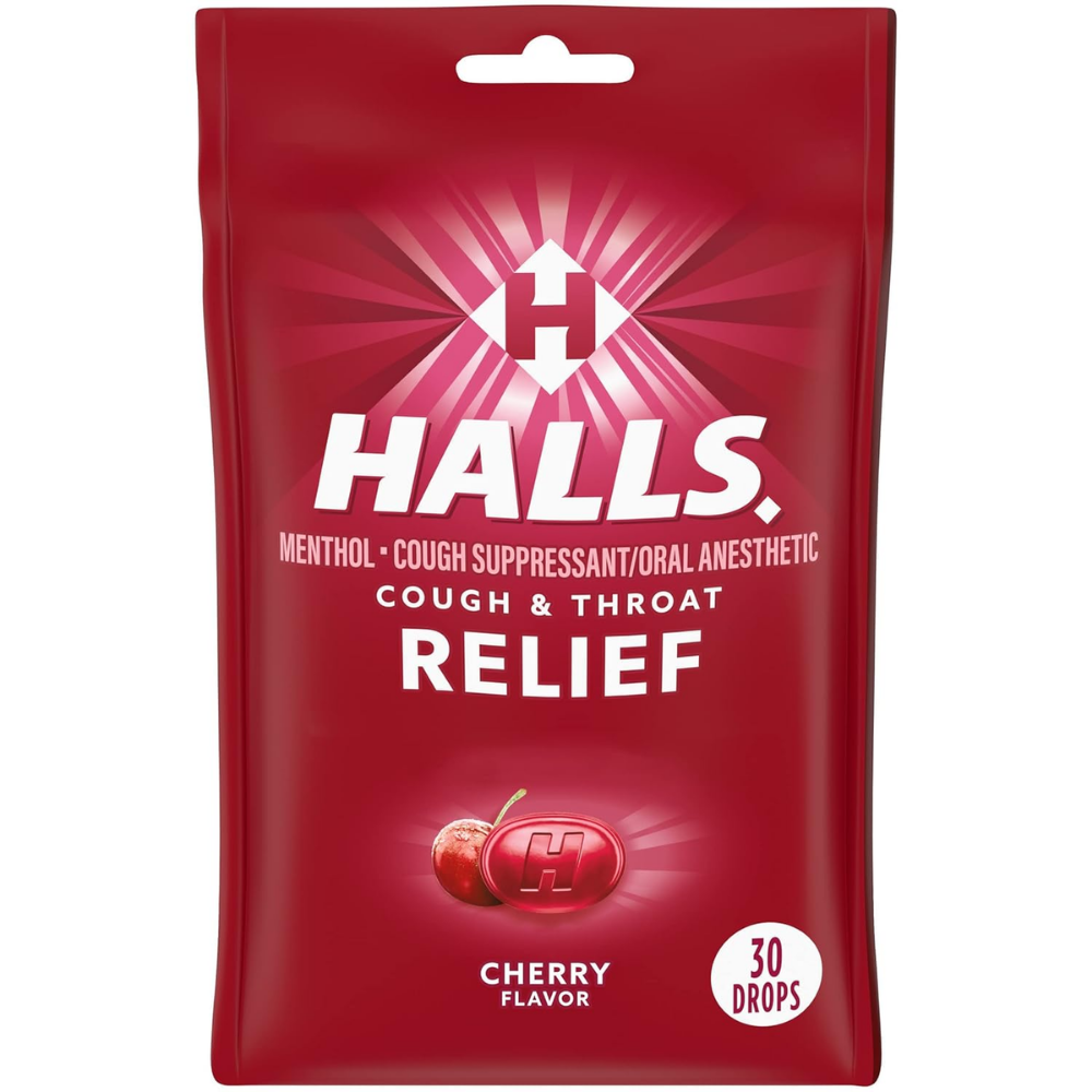 Cherry Halls Relief Garganta cough drops by Farmacias Savia, 30 count, with cherry flavor and soothing throat relief.