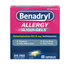 Benadryl dye-free allergy relief liquid gels bottle from Farmacias Savia, 24-count, with orange cap and clear gel capsules.
