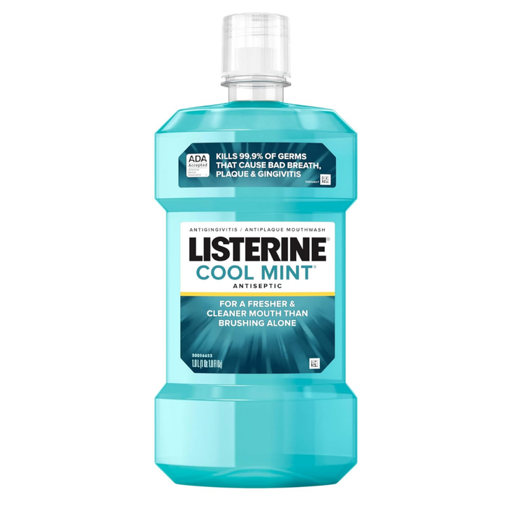 Listerine Cool Mint mouthwash in a 1L bottle, antiseptic oral care product with fresh mint flavor.