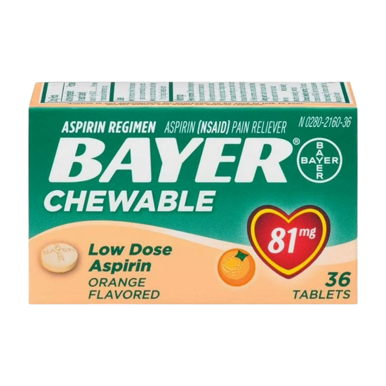 Bayer Chewable Low Dose Aspirin 81mg orange-flavored tablets in a bottle, 36-count, for pain relief and cardiovascular health