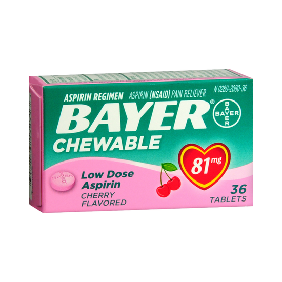 Bayer Chewable Low Dose Aspirin 81mg cherry-flavored tablets for children, 36 count, with orange and white packaging.