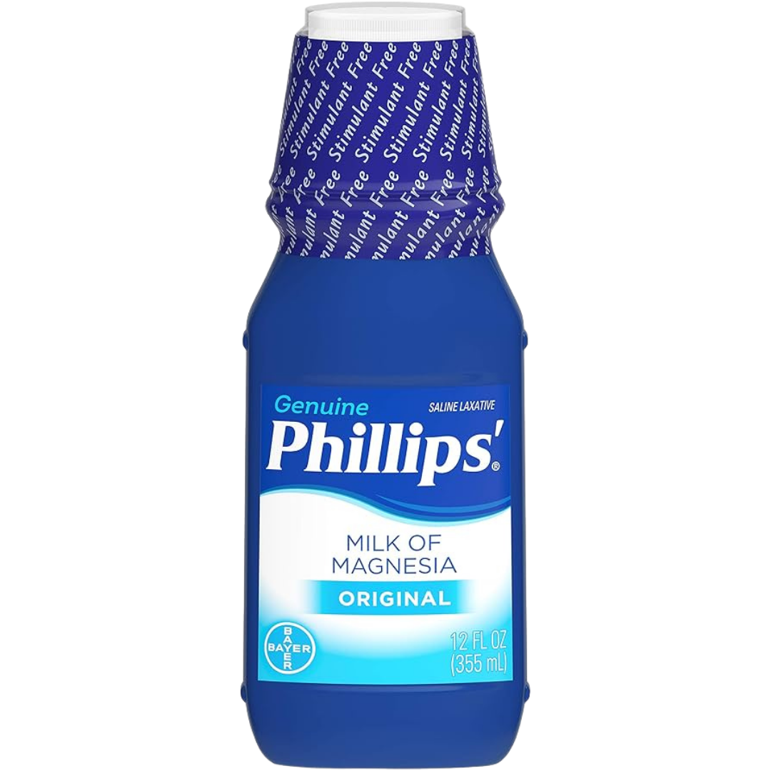 Phillips Milk of Magnesia Original 12oz bottle, a liquid laxative and antacid, displayed with brand label and clear bottle view.