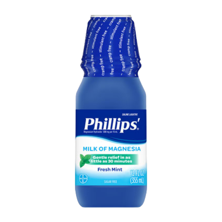 Phillips Milk of Magnesia Fresh Mint 12oz bottle with green label and cap, used as a laxative or antacid.