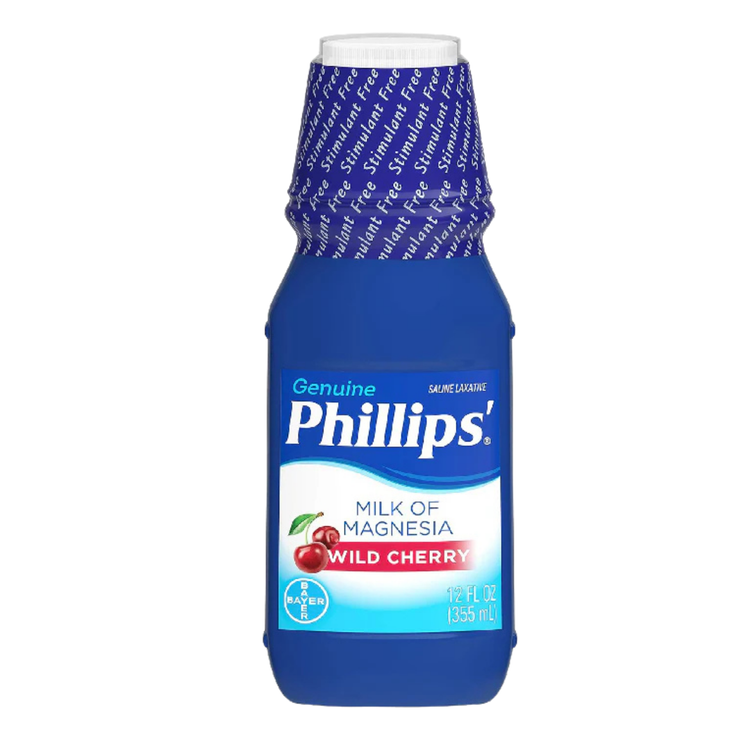 Phillips Milk of Magnesia Wild Cherry 12oz bottle with label, used as a digestive aid and antacid, displayed on a plain background.