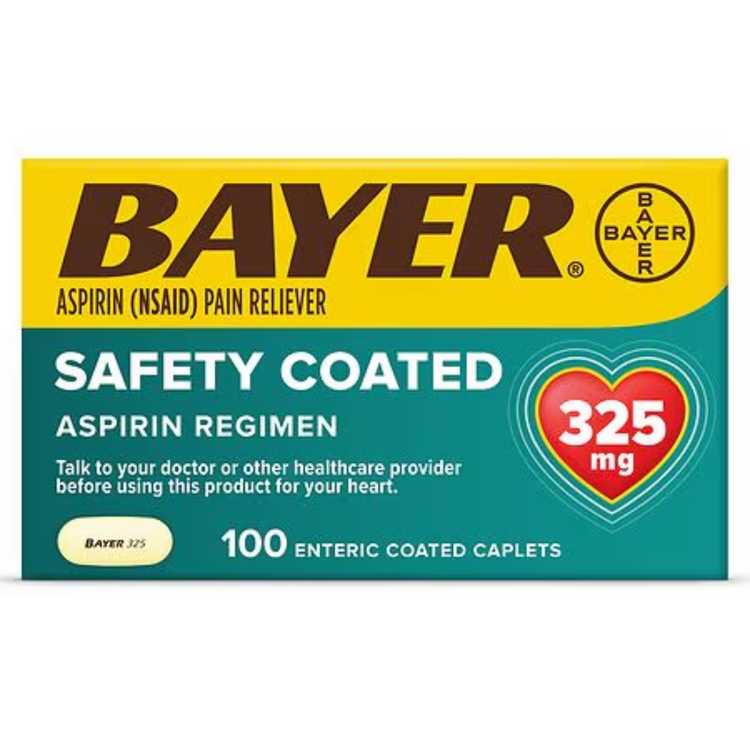 Bayer Safety Coated Aspirin 325mg regimen tablets, 100 enteric-coated caplets for pain relief and fever reduction.