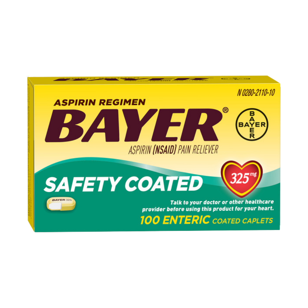 Box of Bayer Aspirin Regimen 325mg safety coated caplets, 100 count, with blister packaging and aspirin tablets inside.