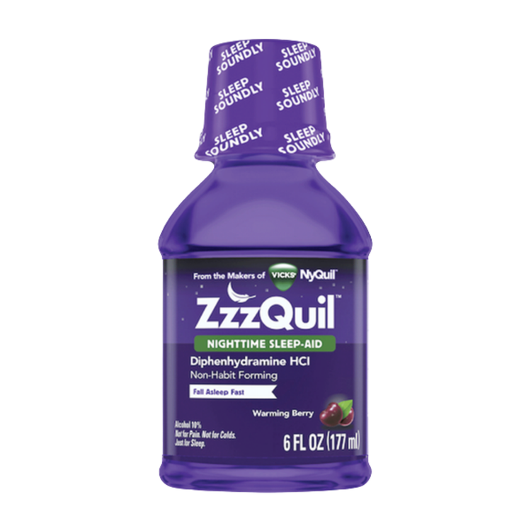 Vicks ZzzQuil Nighttime Sleep-Aid liquid in 6oz bottle with warming berry flavor, used for promoting restful sleep.