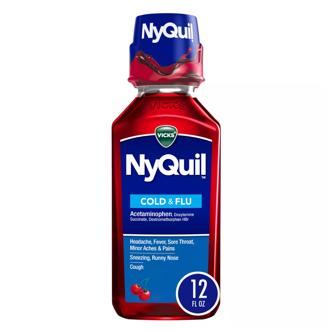 Farmacias Savia NyQuil Cold & Flu Relief Liquid 12oz bottle, over-the-counter medicine for cold and flu symptoms.