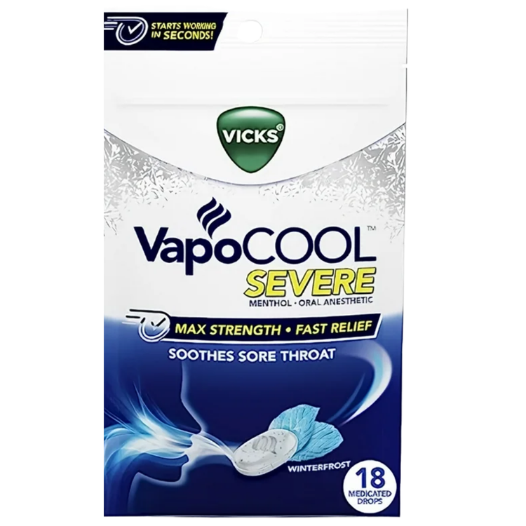 Vicks VapoCOOL Winterfrost medicated throat drops in 18-count package, featuring cooling mint flavor for sore throat relief