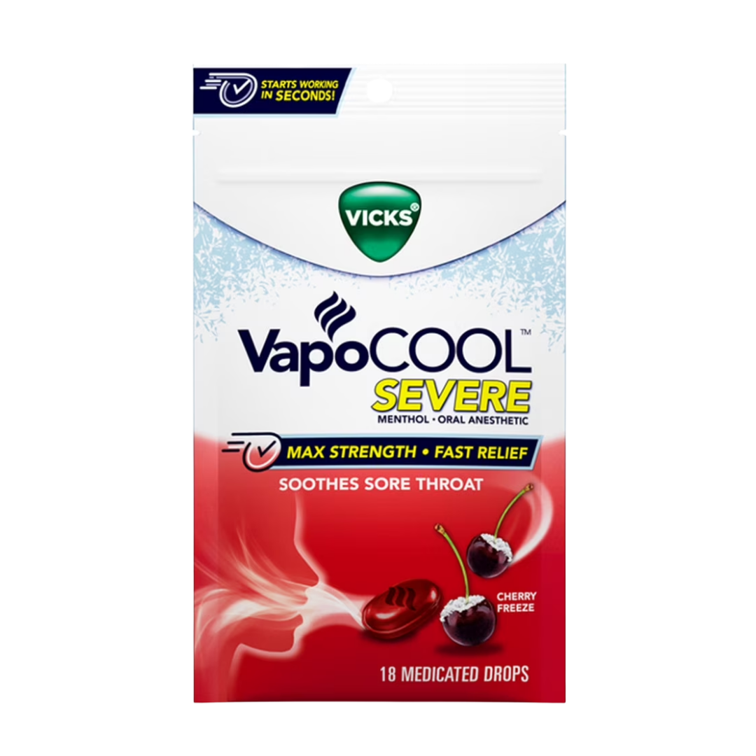 Vicks VapoCOOL Cherry medicated lozenges in an 18-count package, soothing sore throat and cough relief from Farmacias Savia.