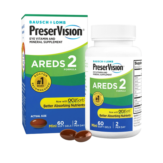 Bausch + Lomb PreserVision AREDS 2 Formula eye vitamin soft gels in a bottle, designed to support eye health.
