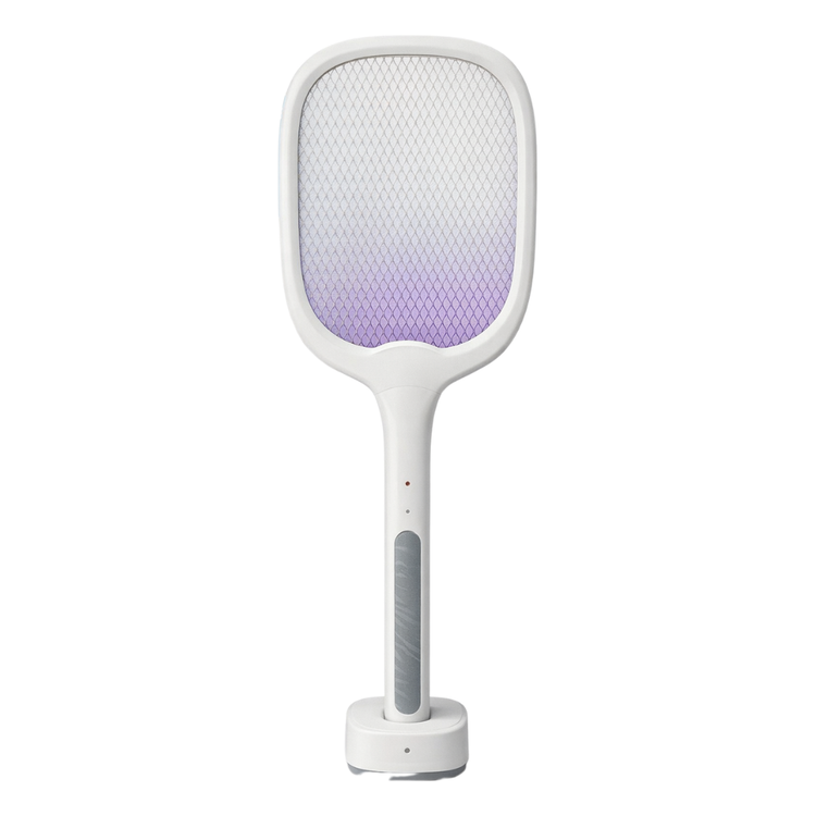 Rechargeable electric fly swatter racket with bug zapper function from Farmacias Savia, showing the handheld device with grid surface.