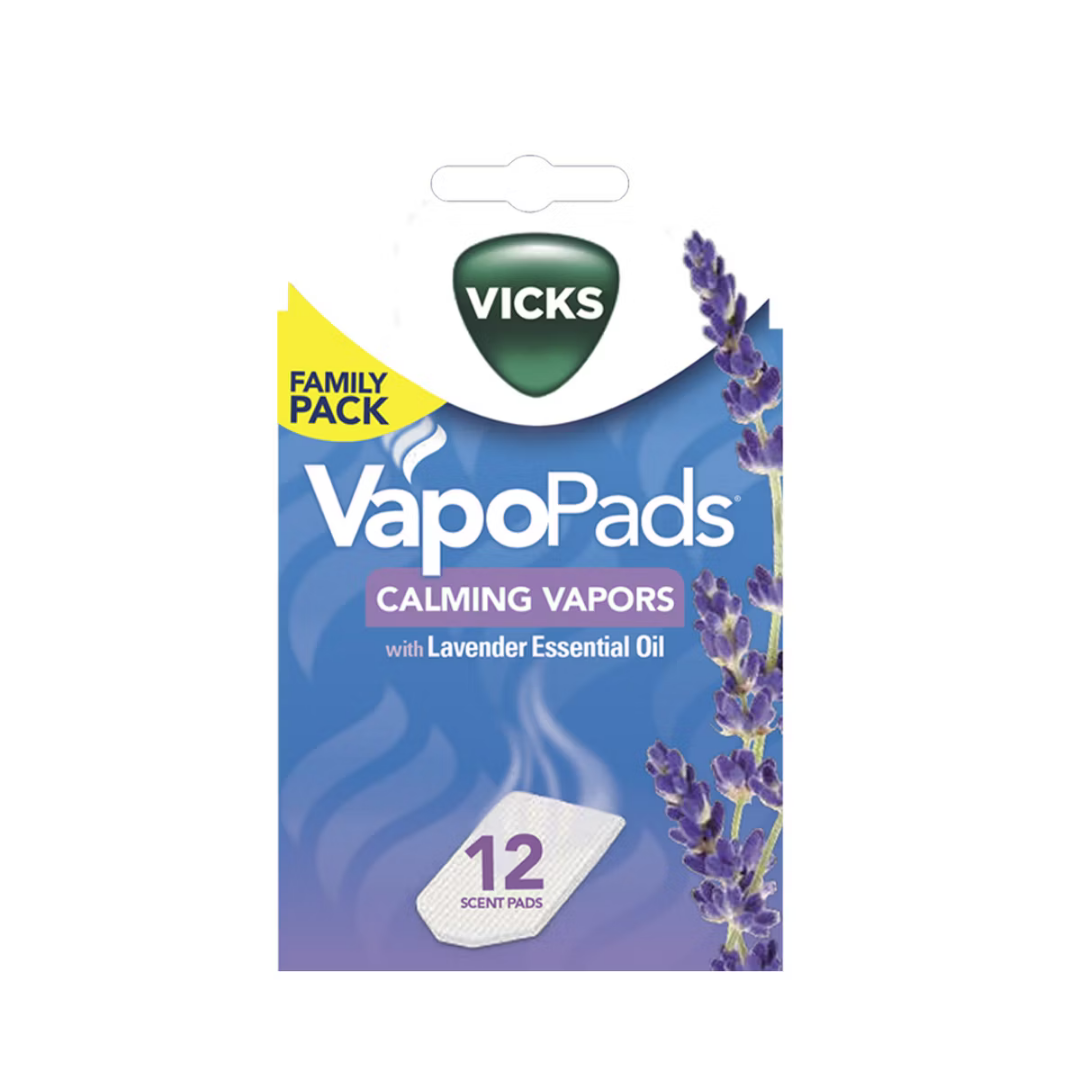 Vicks VapoPads Calming Vapors with Lavender, 12 pads, featuring lavender scent for soothing aromatherapy, in a resealable package.