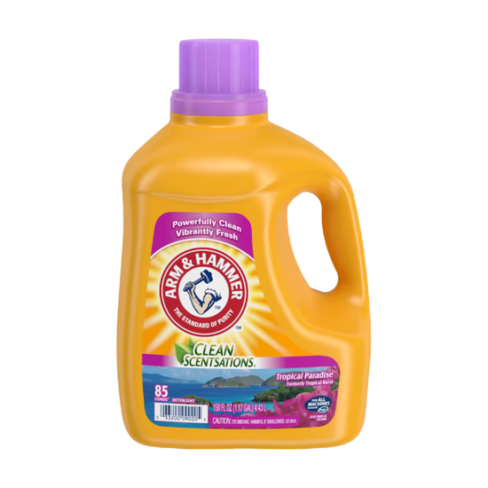 Arm & Hammer Clean Scentsations Tropical Paradise laundry detergent bottle, 150oz, with tropical scent and vibrant label.