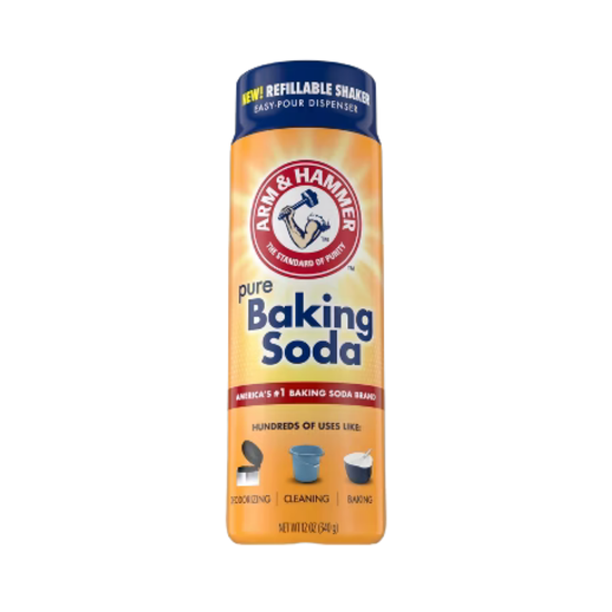Arm & Hammer Baking Soda Shaker 12oz in a clear container for easy dispensing, from La Comprita brand by Farmacias Savia.