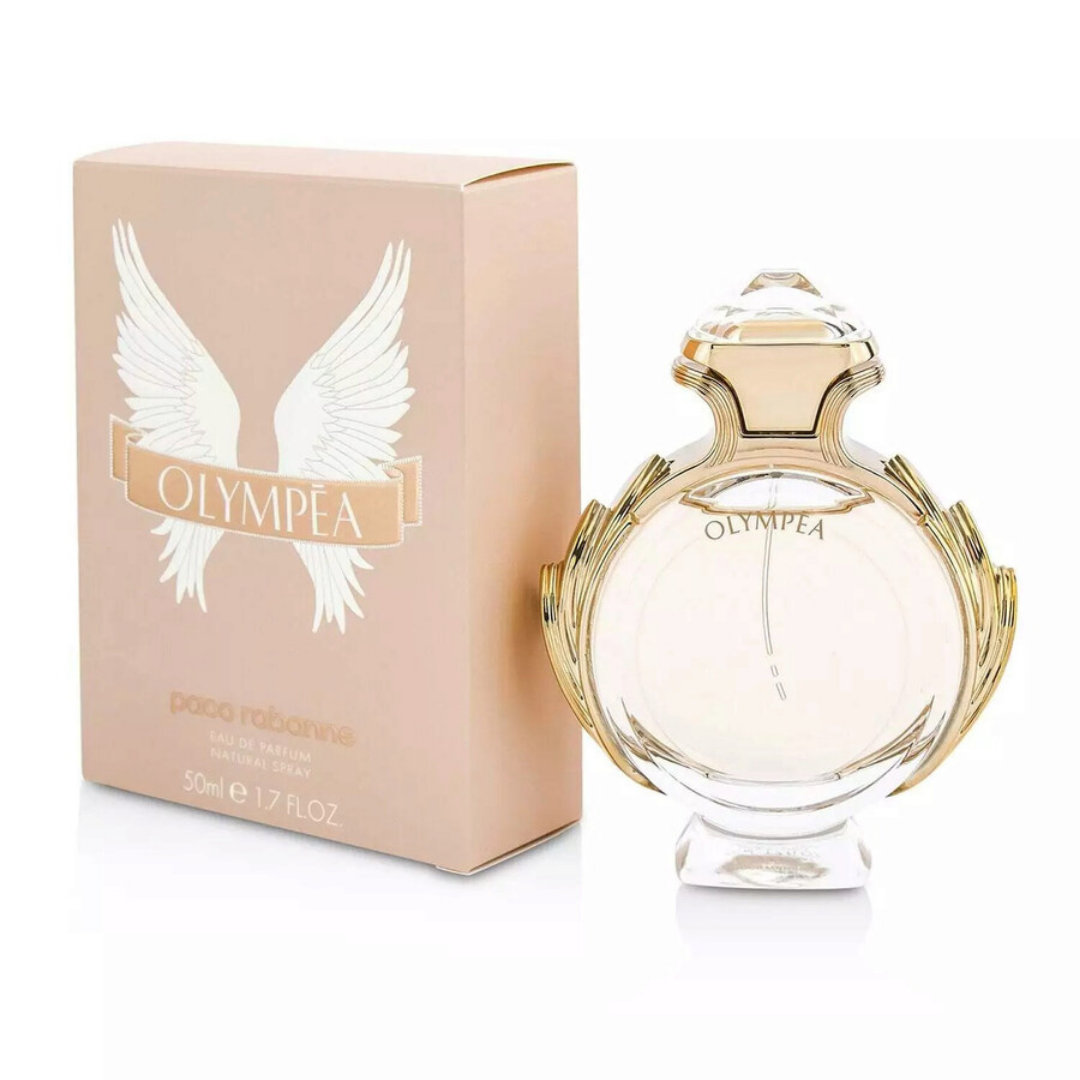 Paco Rabanne Olympea Eau de Parfum Spray for Women, 1.7 fl oz, with elegant perfume bottle and floral design.