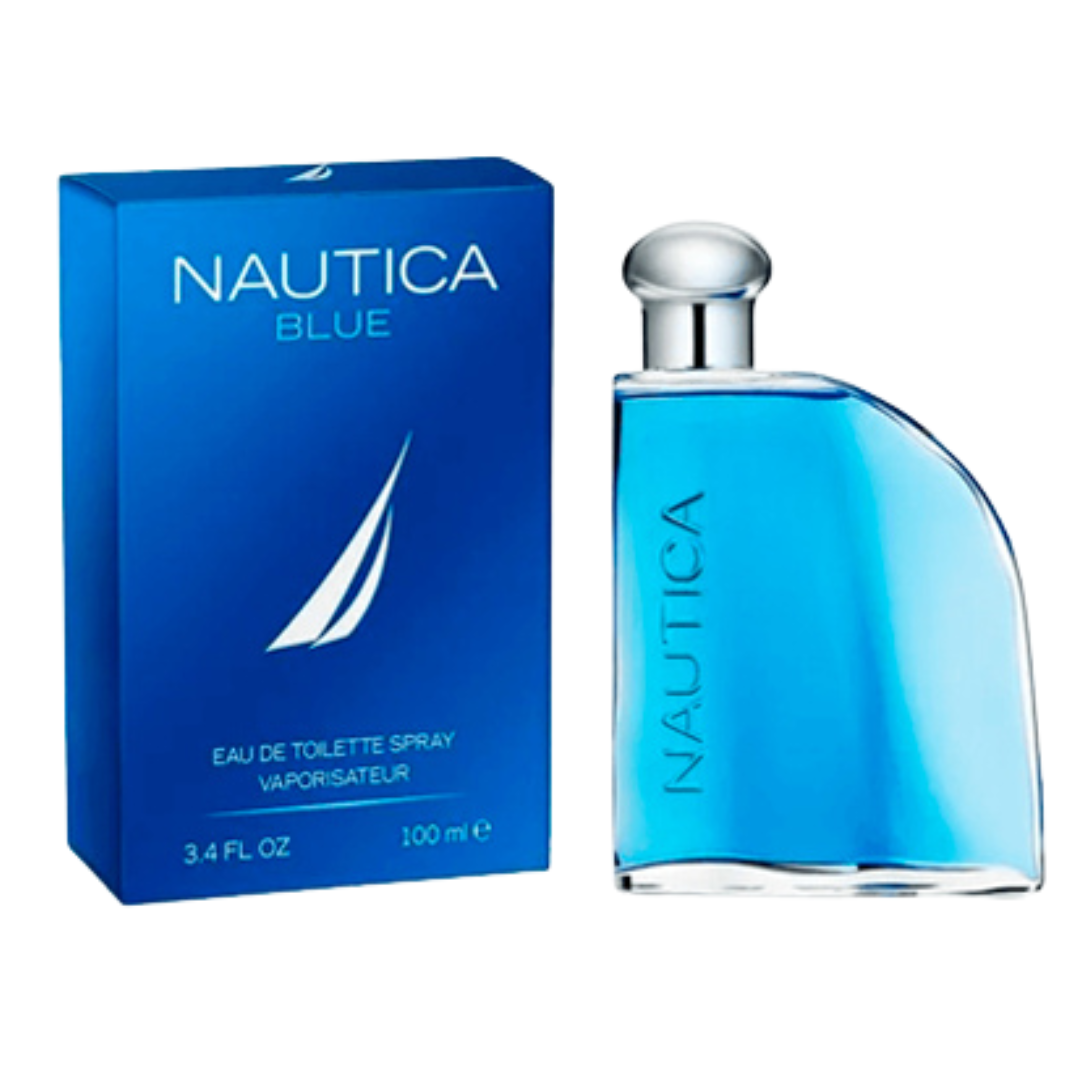 Nautica Blue Eau de Toilette for Men perfume bottle, 3.4oz, with sleek blue design and Nautica branding.