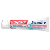 Farmacias Savia Colgate Sensitive Whitening Toothpaste tube, 6 oz, for sensitive teeth and brighter smile, on a bathroom counter.