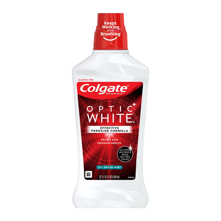 Colgate Optic White Whitening Mouthwash Icy Fresh Mint in a 32oz bottle, featuring a clear label with mint flavor branding.