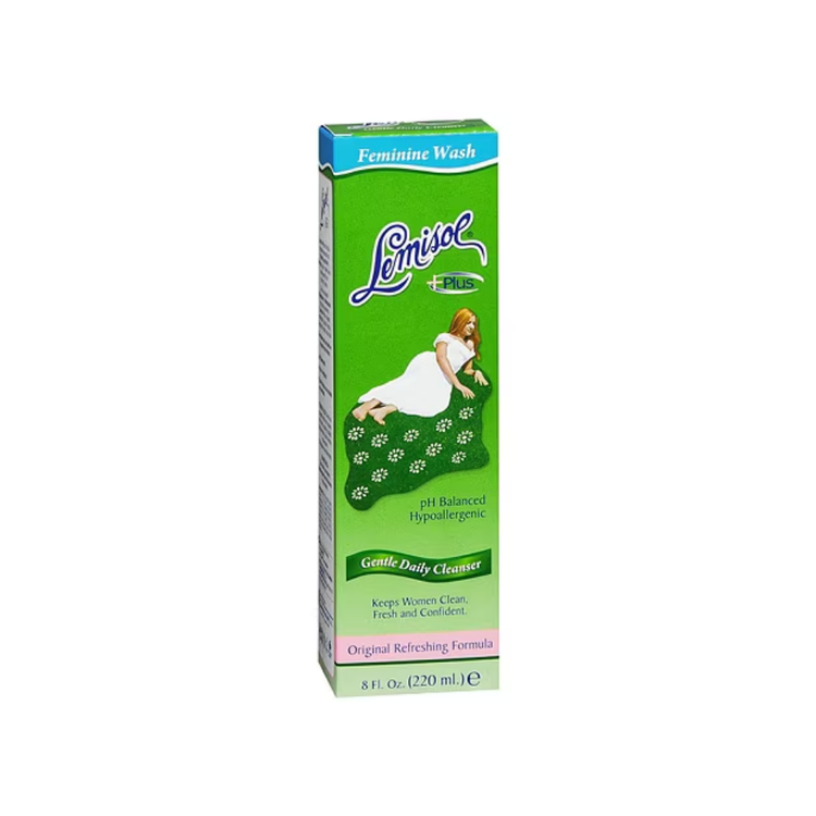 Lemisol Plus feminine wash bottle from Farmacias Savia, 8oz, in a clear plastic container with label and cap.