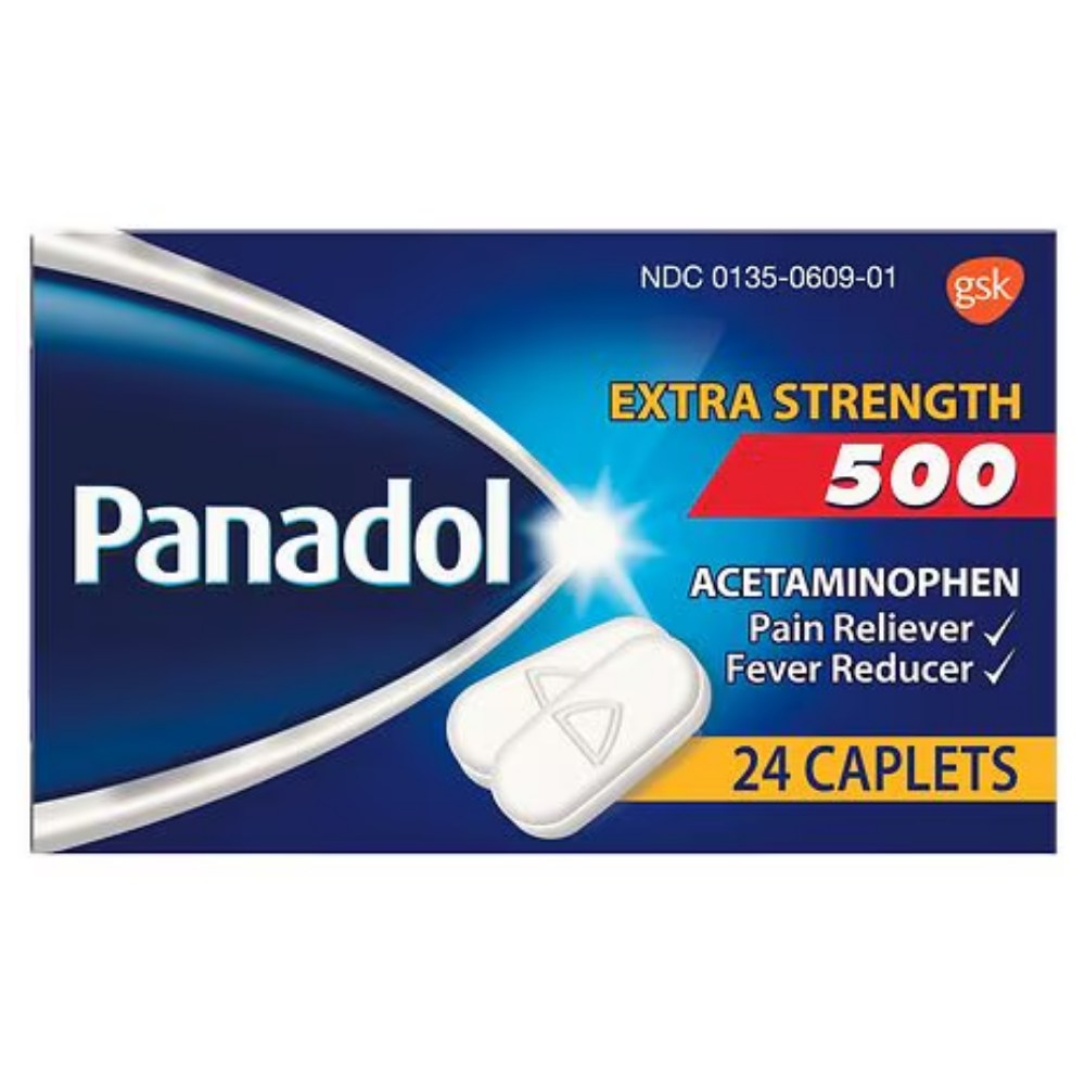 Box of Panadol Extra Strength 500mg analgesic and fever relief capsules by Farmacias Savia, showing 24 capsules in the package.