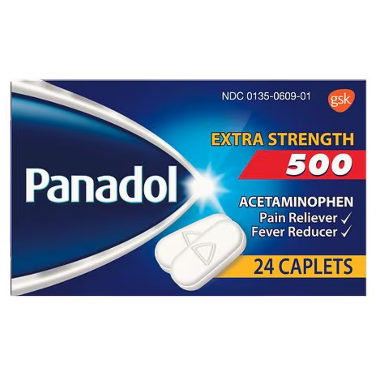 Box of Panadol Extra Strength 500mg analgesic and fever relief capsules by Farmacias Savia, showing 24 capsules in the package.