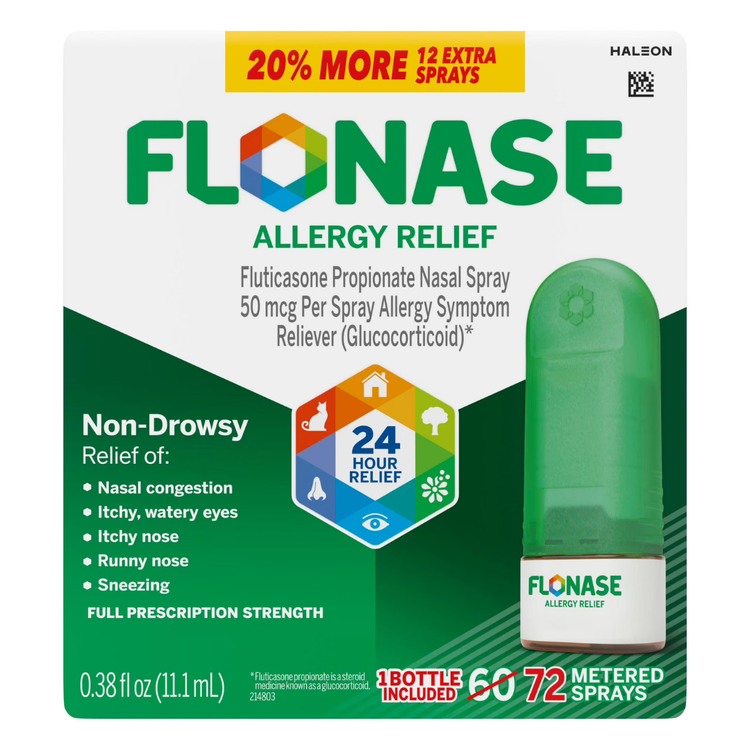 Farmacias Savia Flonase Allergy Relief Nasal Spray 50mcg with 72 sprays, featuring a white and blue spray bottle.