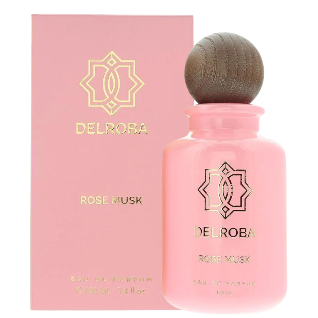 DelROBA Rose Musk Eau de Parfum for women in 3.4oz bottle, featuring a floral and musk fragrance, with a pink and gold perfume bottle.