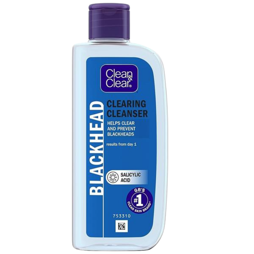 Clean & Clear Blackhead Clearing Cleanser from Farmacias Savia, 200ml, showing the white bottle with blue accents and product label.