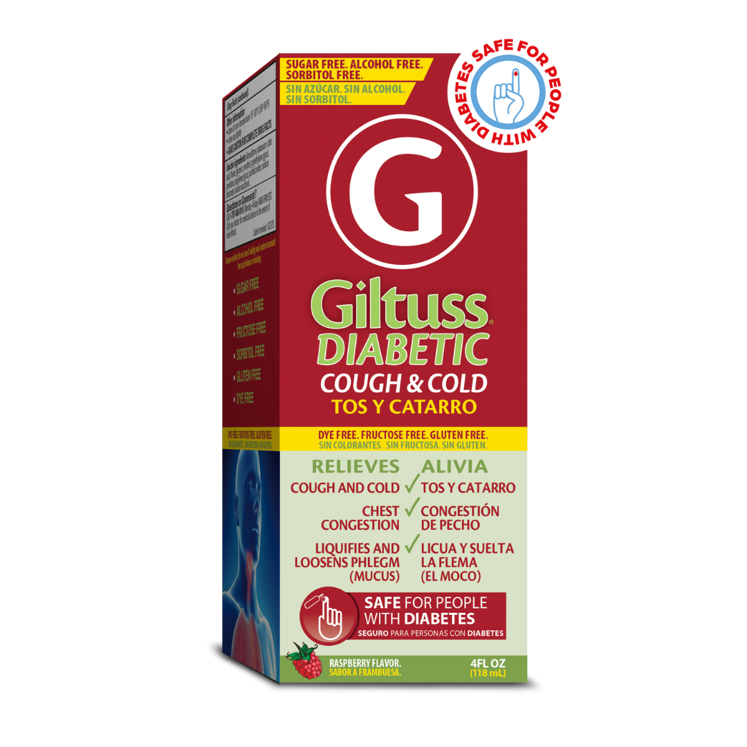 Farmacias Savia Giltuss Diabetic Cough & Cold Syrup 4oz bottle, OTC medication for cough and cold relief, clear labeling on bottle