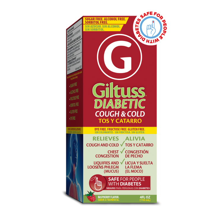 Farmacias Savia Giltuss Diabetic Cough & Cold Syrup 4oz bottle, OTC medication for cough and cold relief, clear labeling on bottle
