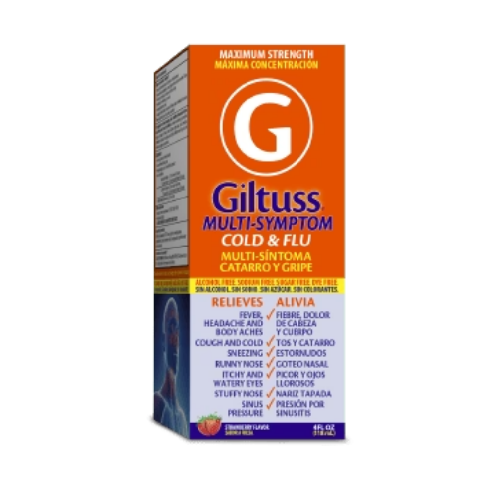 Giltuss Multi Symptom Cold and Flu analgesic and fever relief medication from Farmacias Savia in a 4 oz bottle.
