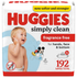 Huggies Simply Clean Unscented Baby Diaper Wipes in three flip-top packs, 192 wipes total, for gentle and effective cleaning.