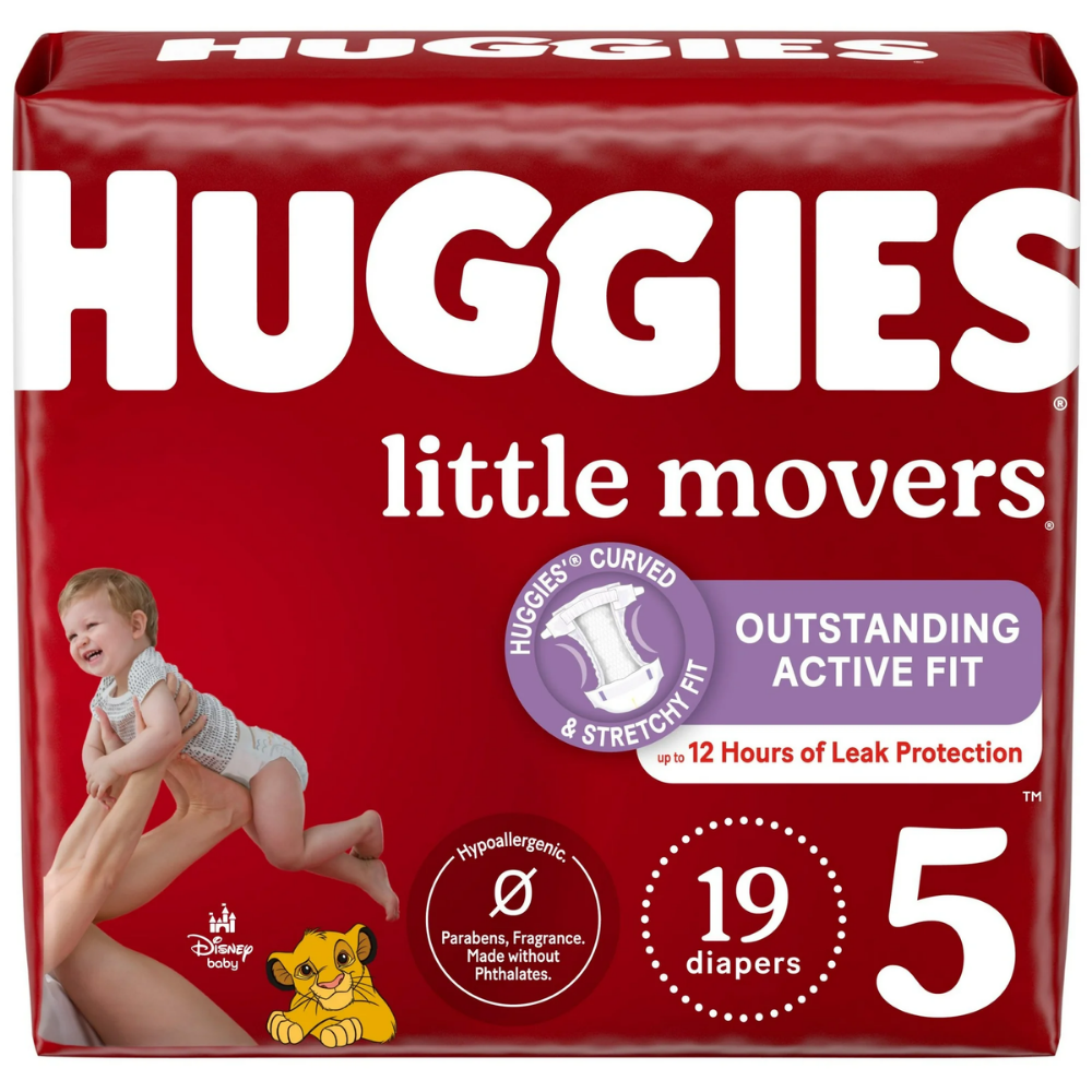 Huggies Little Movers Size 5 baby diapers in a pack of 19, featuring soft, absorbent material for active infants.