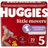 Huggies Little Movers Size 5 baby diapers in a pack of 19, featuring soft, absorbent material for active infants.