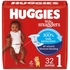 Huggies Little Snugglers size 1 diapers with 32 pieces, soft and absorbent for baby comfort, displayed in packaging.