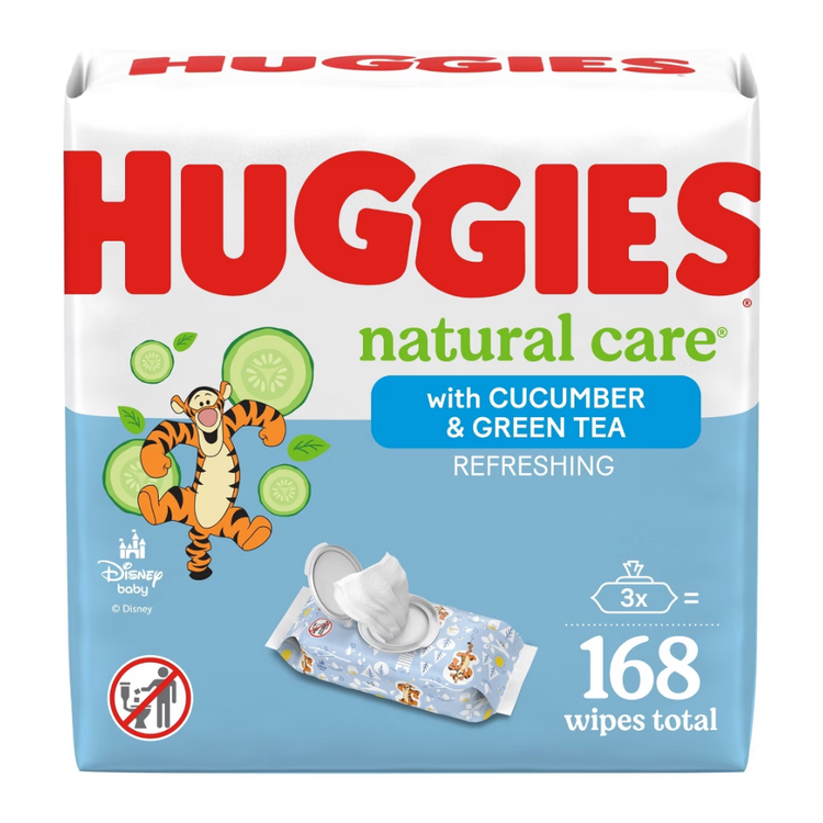 Huggies Natural Care cucumber and green tea wipes in a 168 count pack, soft and gentle for delicate skin.